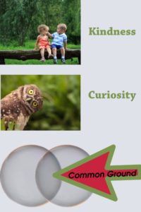 Two young children showing kindness, A curios Owl and ven diagram showing common ground.